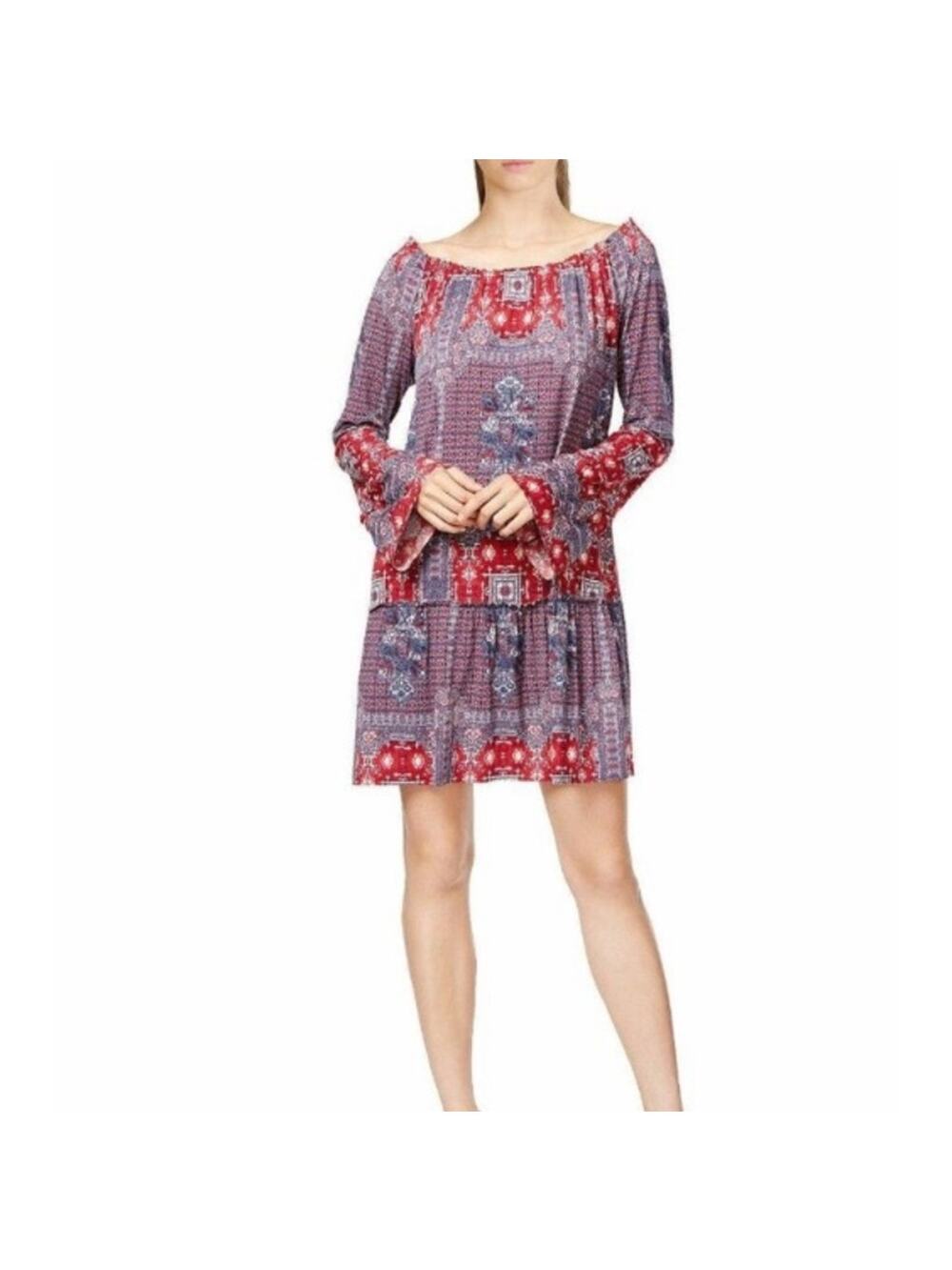 BCBGeneration Chili Pepper Dress L Off Shoulder Bell Sleeve Vacation Resort Chic